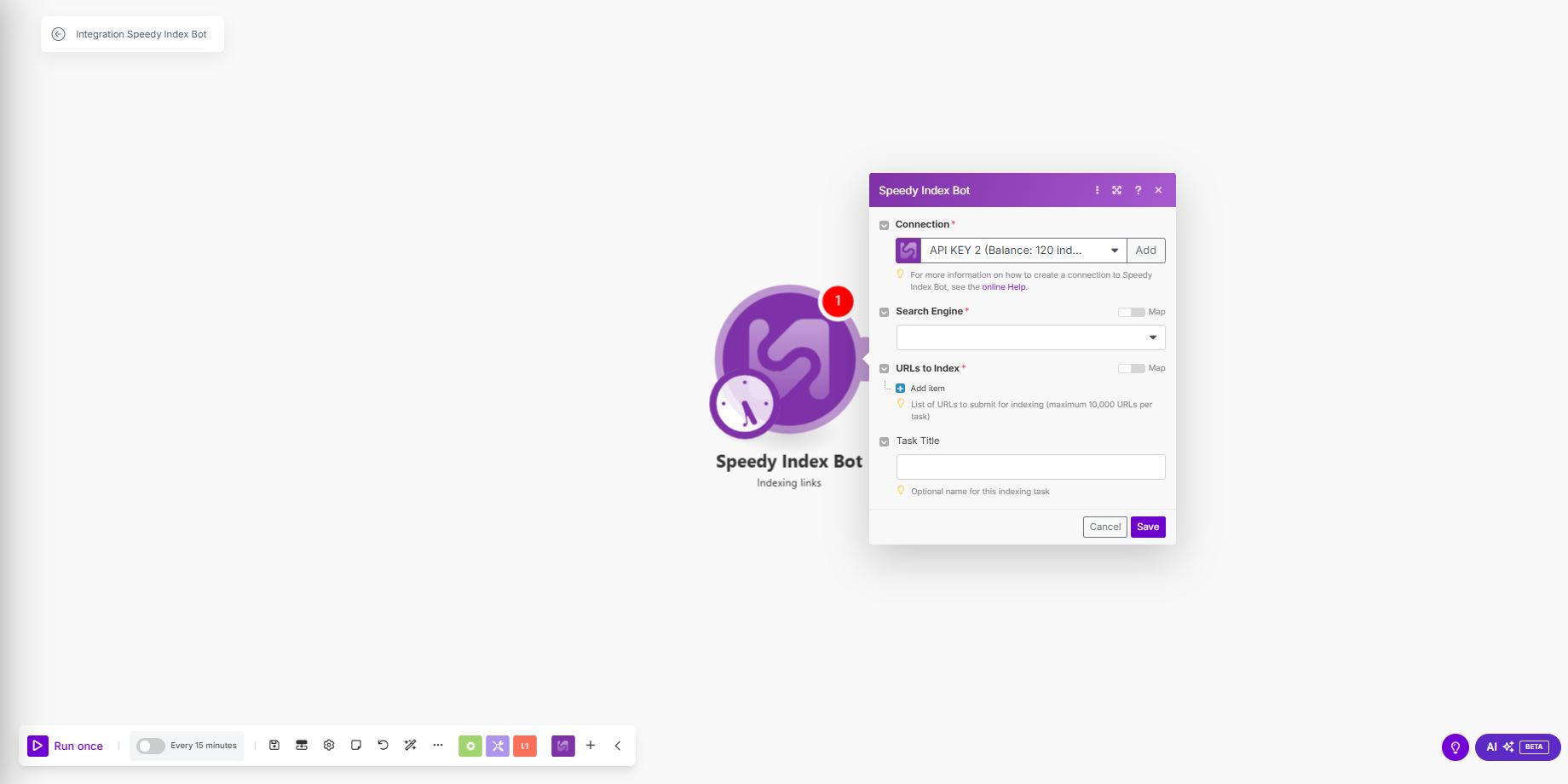 Make.com Speedy Index Bot Custom App Preview